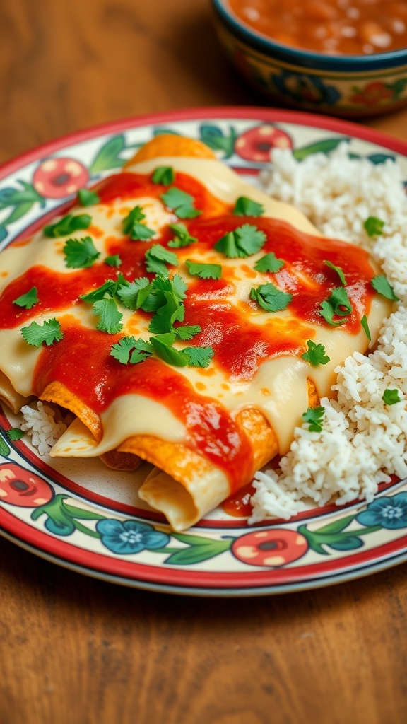 A plate of corn tortilla enchiladas with red sauce and cheese, garnished with cilantro, served with rice and beans.